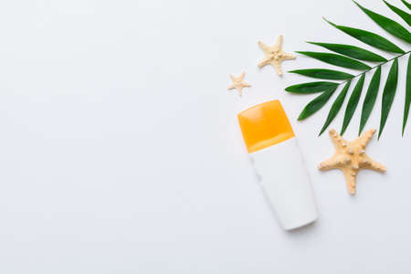 Sunscreen spray bottle. Bottle with sun protection cream and sea shells with tropical green leaf on...