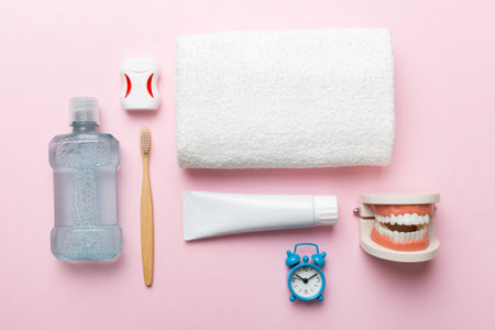 Mouthwash and other oral hygiene products on colored table top view with copy space. flat lay. dental hygiene. oral care kit. Dentist concept.の写真素材