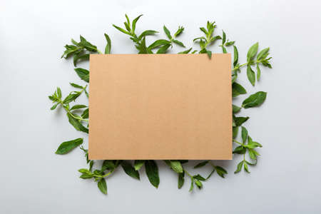 Wreath frame made of empty paper blank with space for text and mint leaves on colored background. ....