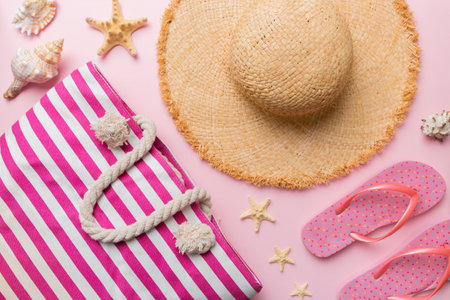 Summer vacation concept flat lay. beach accessories and towel top view. Space for text. travel concept.の写真素材