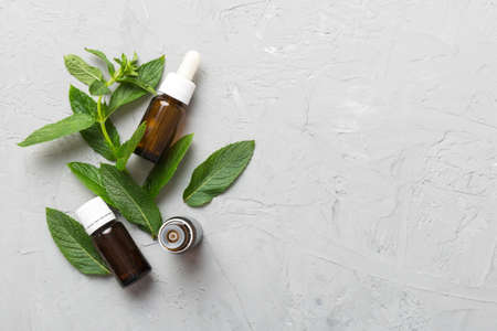 Natural Mint Essential Oil in a Glass Bottle. organic cosmetics with herbal extracts of mint on colored background.の写真素材