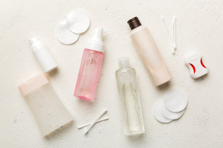 Mockup for bathing products top view flat lay, spa razor, toothpaste, soap, gel and other various accessories. Cosmetics for skin health. Bath Mockup for your logo.の写真素材