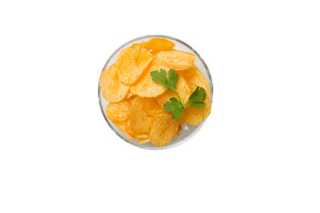 delicious Potato chips in bowl isolated on white background, Flat lay Top view.