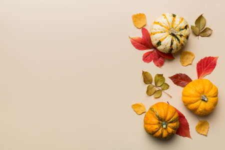 autumn composition. Pattern made of dried leaves and other design accessories on table. Flat lay, top view.の写真素材