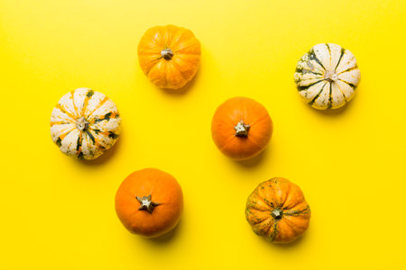 Autumn composition of little orange pumpkins on colored table background. Fall, Halloween and Thanksgiving concept. Autumn flat lay photography. Top view with copy space.の写真素材