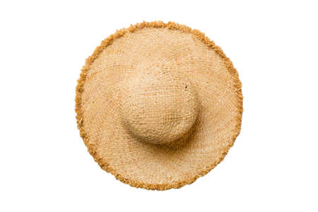 Womens summer yellow straw hat top view, isolated on white background.の写真素材