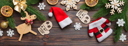 Christmas background with fir branches and Christmas decor. Top view, copy space for text.の写真素材