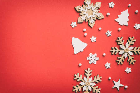 New Year composition white christmas snowflakes. Christmas decor background with pine cones. Top...