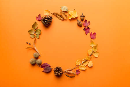 Autumn composition made of dried leaves, cones and acorns on table. Flat lay, top view, copy space.の写真素材