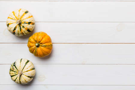 Autumn composition of little orange pumpkins on colored table background. Fall, Halloween and Thanksgiving concept. Autumn flat lay photography. Top view with copy space.の写真素材