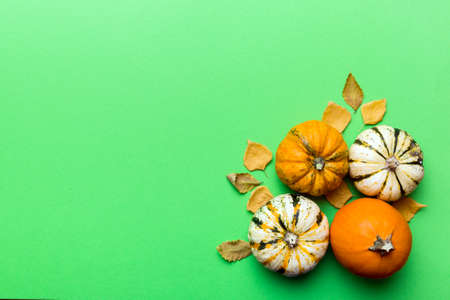 autumn composition. Pattern made of dried leaves and other design accessories on table. Flat lay, top view.の写真素材