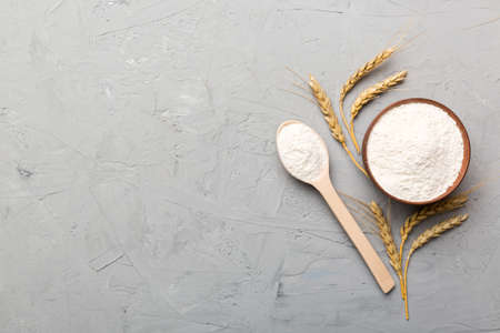 Flat lay of Wheat flour in wooden bowl with wheat spikelets on colored background. world wheat...