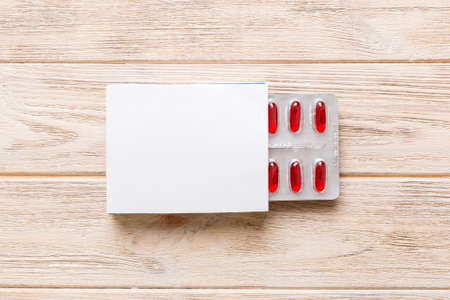 Blank White Product Package Box Mock-up. Open blank medicine drug box with Vatamin a blister top view.の写真素材