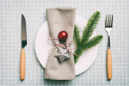 Christmas dinner background with rustic decorations and kitchen utensil . view from above.の写真素材
