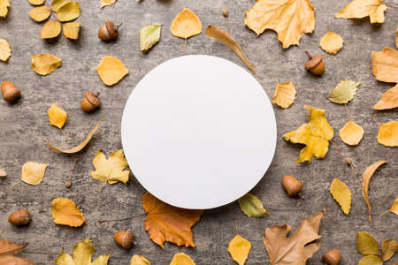 Autumn composition with round paper blank and leaves dried on table. Flat lay, top view, copy space.の写真素材