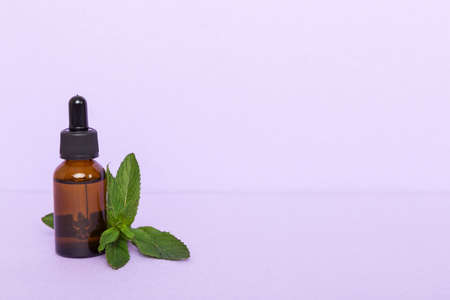 Natural Mint Essential Oil in a Glass Bottle. organic cosmetics with herbal extracts of mint on colored background.の写真素材