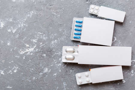 Blank White Product Package Box Mock-up. Open blank medicine drug box with blister top view.の写真素材