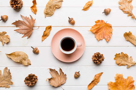Flat lay composition with colorful Autumn cup of coffee and leaves on a color background. top view.の写真素材