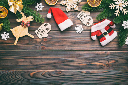 Christmas background with fir branches and Christmas decor. Top view, copy space for text.の写真素材