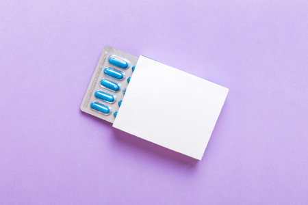 Blank White Product Package Box Mock-up. Open blank medicine drug box with blister top view.の写真素材