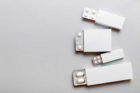 Blank White Product Package Box Mock-up. Open blank medicine drug box with blister top view.