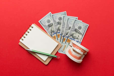 Flat lay composition with educational dental typodont model and money with notebook on colored...
