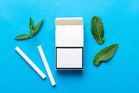 Pack of menthol cigarettes and fresh mint on colored table, Menthol cigarettes top view flat lay.の写真素材