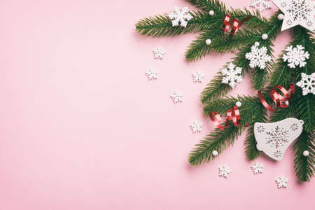 Christmas background with fir branches and Christmas decor. Top view, copy space for text.の写真素材