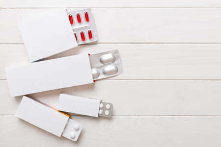 Blank White Product Package Box Mock-up. Open blank medicine drug box with blister top view.の写真素材