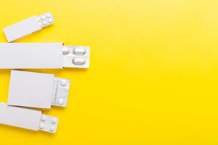 Blank White Product Package Box Mock-up. Open blank medicine drug box with blister top view.