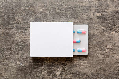 Blank White Product Package Box Mock-up. Open blank medicine drug box with blister top view.