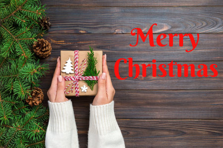 Merry christmas text. Woman hands give wrapped christmas handmade present in paper top view. copyspace.の写真素材
