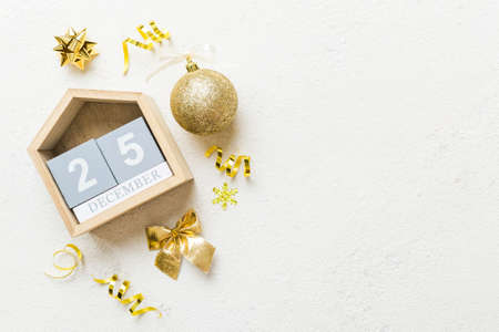 Christmas calendar 25 december. Christmas gift, fir branches, pine cones. Flat lay, top view. New...