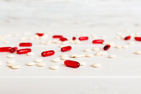Collection Of Various Medical Tablets And Pills. Assorted pharmaceutical medicine pills, tablets and capsules on table background. Heap of assorted various medicine tablets. health care.の写真素材