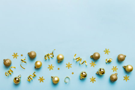 christmas composition. a pattern of christmas balls on colored background. Flat lay, top view New...