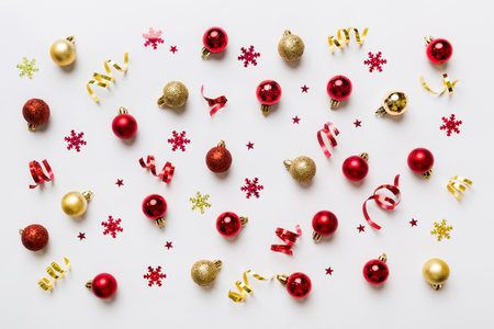 christmas composition. a pattern of christmas balls on colored background. Flat lay, top view New...
