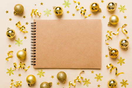 Christmas blank greeting card mock-up scene. Creative layout made of Christmas toy and paper card note. flat lay. Nature New Year concept.の写真素材