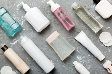 Mockup for bathing products top view flat lay, spa razor, toothpaste, soap, gel and other various accessories. Cosmetics for skin health.の写真素材