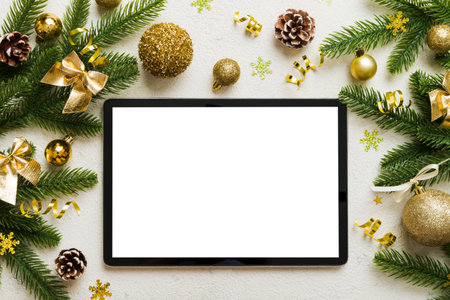 Top view of empty on Christmas background made of new year decor and festive decorations. New year holiday concept. mockup.の写真素材