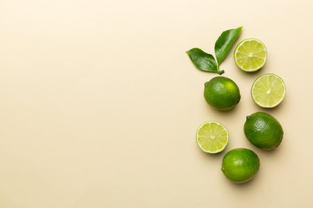 Lime fruits with green leaf and cut in half slice isolated on white background. top view. Flat lay with copy space.の写真素材