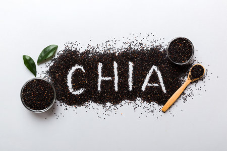 chia word made from chia seeds top view on colored background. Healthy superfood.の写真素材