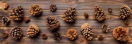 Christmas pine cones on colored paper border composition. Christmas, New Year, winter concept. Flat...
