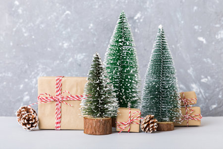 christmas composition. Gifts, small tree, branches and craft DIY decorations on white background....