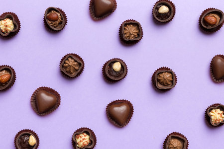 Different kinds of chocolates on colored table close-up. Top View and Flat Lay.の写真素材