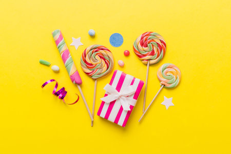 Collection of birthday party objects with gift box. Valentine's day gift box. Top view flat lay with copy space.の写真素材