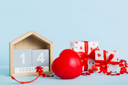 Valentine Day theme with wooden block calendar. Greeting card template for Valentines Day.copy space for text.の写真素材