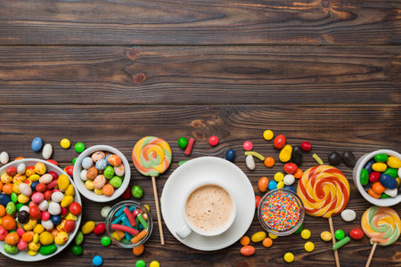 Coffee cup with chocolates and colored candy. Top view on table background with copy space.の写真素材