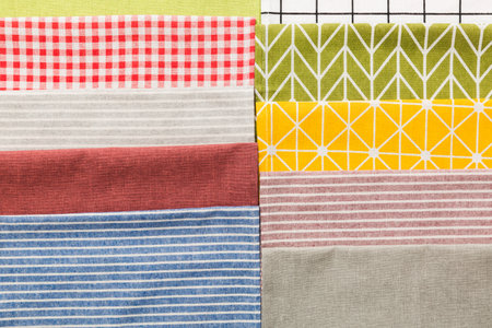 Many Fabric kitchen napkin for table setting top view on table.