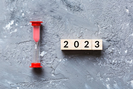 New Year 2023 sand timer. Resolution, time, plan, goal, motivation, reboot, countdown and New Year...
