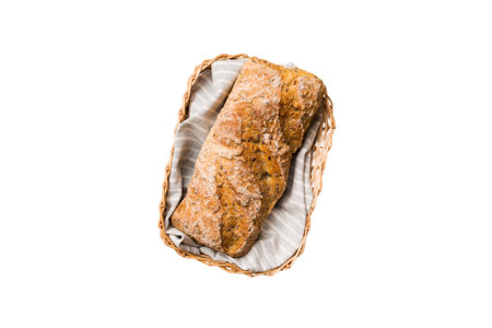 Freshly baked bread on basket isolated on white background. top view bread copy space.の写真素材